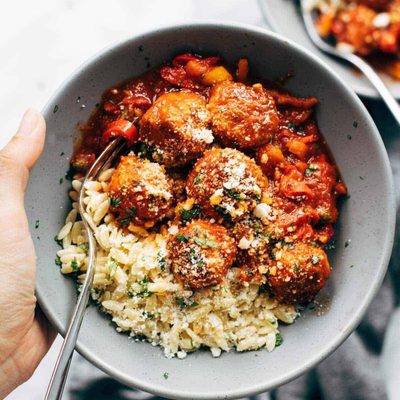 A picture of Chicken Meatballs with Peppers and Orzo