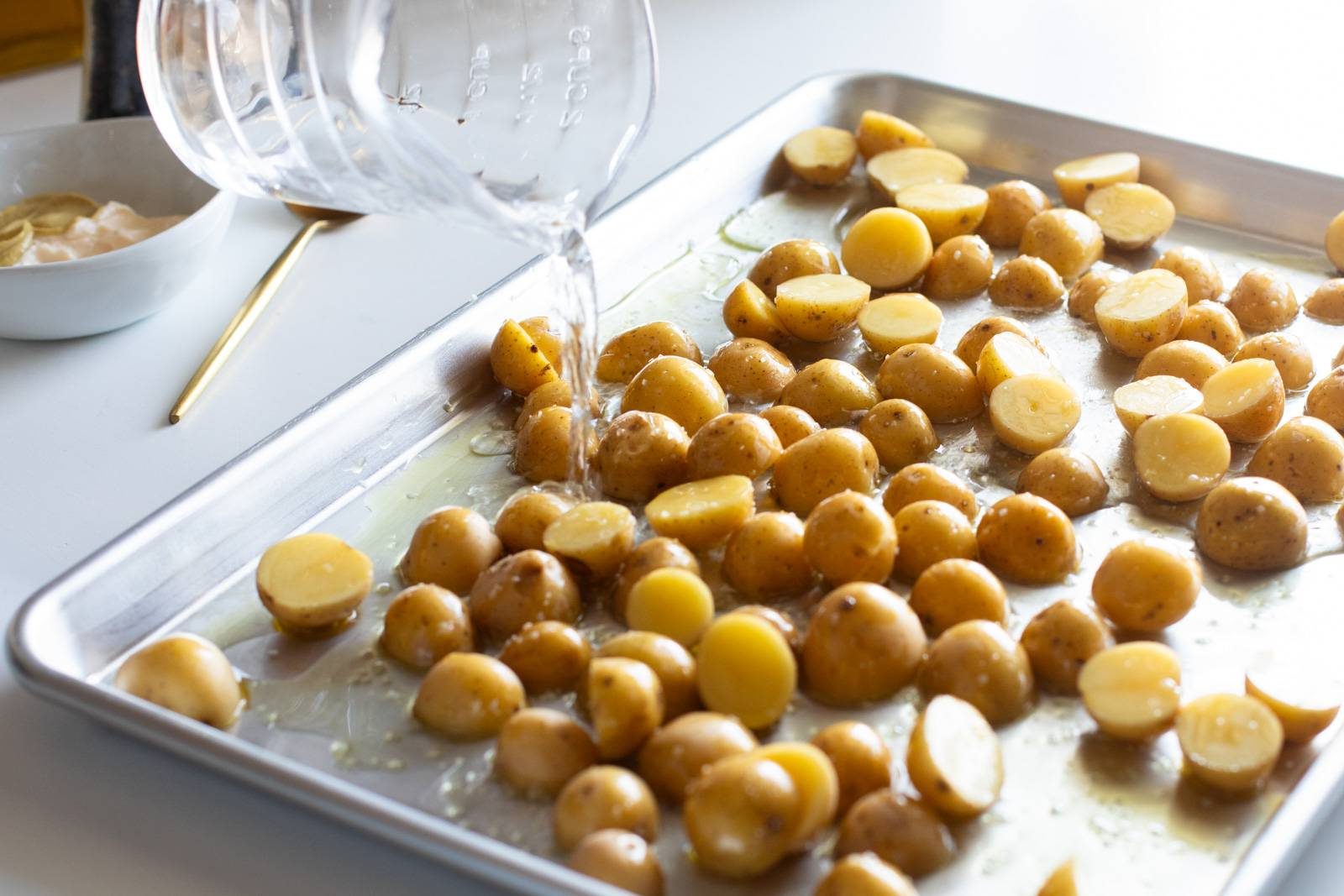 Potatoes on a sheet pan.