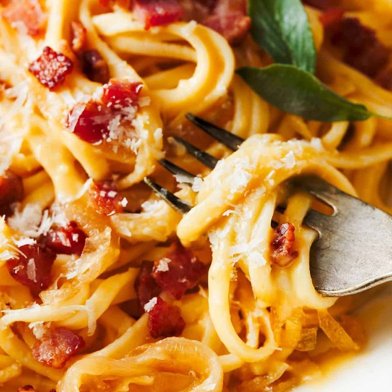 A picture of Creamy Squash Fettuccine with Caramelized Onion and Pancetta